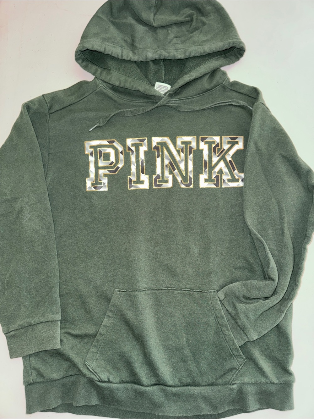 PINK Victoria's Secret Olive Green Hoodie with White & Gold Logo